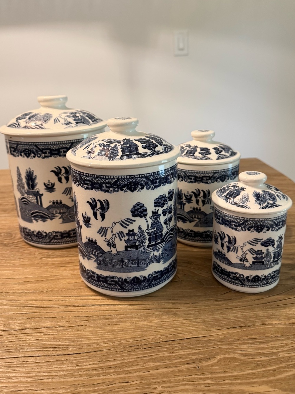 Vintage Blue Willow Transferware Canister Set of 4 Blue & White 1920’s Oriental